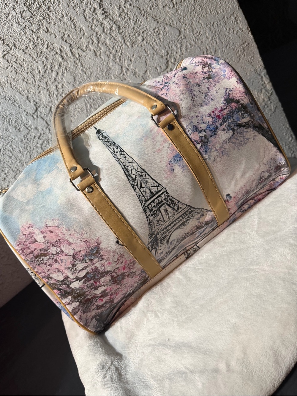 Paris Eiffel Tower Floral Weekender Bag in Pink and Tan